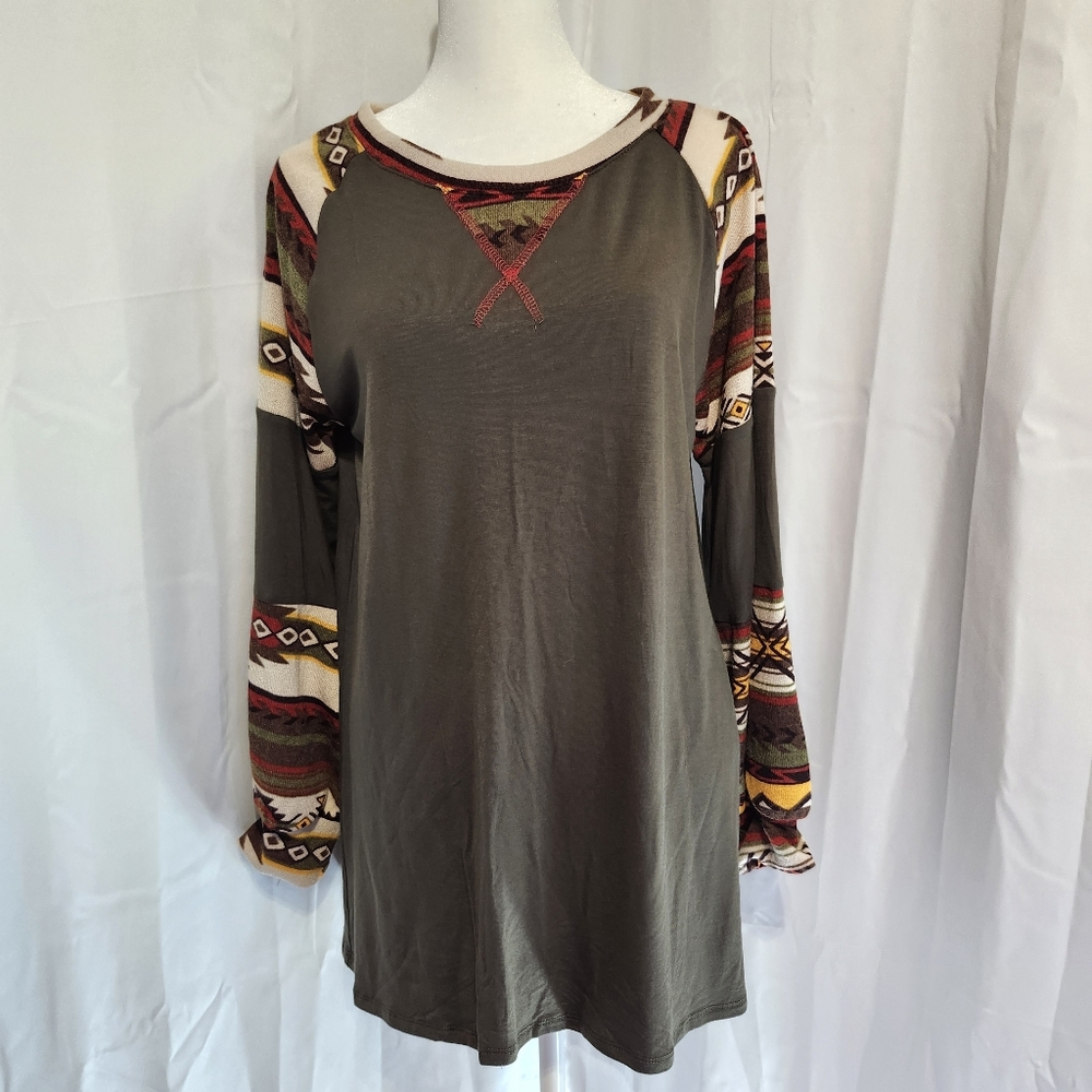 Celeste Olive Green Long Sleeve Tunic with Aztec Print Sleeves